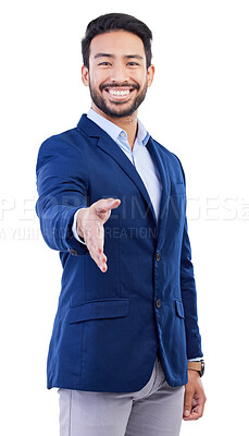 Buy stock photo Happy businessman, portrait and handshake for hiring, job opportunity or meeting against a white studio background. Asian man smile shaking hands in career for recruiting, introduction or greeting