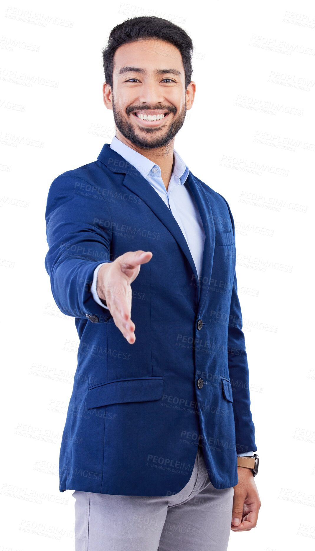 Buy stock photo Happy businessman, portrait and handshake for hiring, job opportunity or meeting against a white studio background. Asian man smile shaking hands in career for recruiting, introduction or greeting