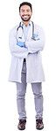 Man, doctor and portrait with arms crossed and smile from healthcare and medical work in studio. Isolated, white background and happy male professional with job success from hospital help with pride