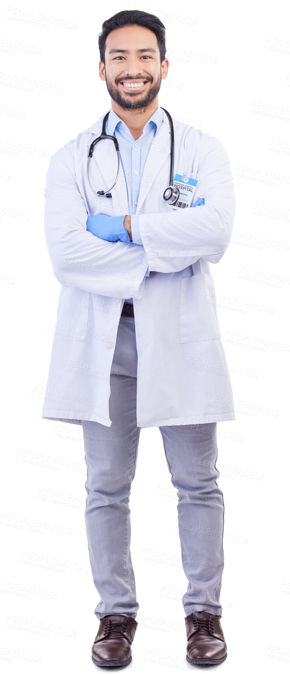 Buy stock photo Man, doctor and portrait with arms crossed and smile from healthcare and medical work in studio. Isolated, white background and happy male professional with job success from hospital help with pride