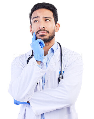 Buy stock photo Thinking, man doctor and problem solving in studio with hospital, healthcare and medical vision with focus. Isolated, white background and scientist idea for clinic support with work and professional