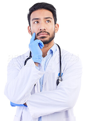 Buy stock photo Thinking, doctor and studio with hospital, healthcare and medical vision with focus. Isolated, white background and scientist ideas for clinic and support with male expert and professional in thought