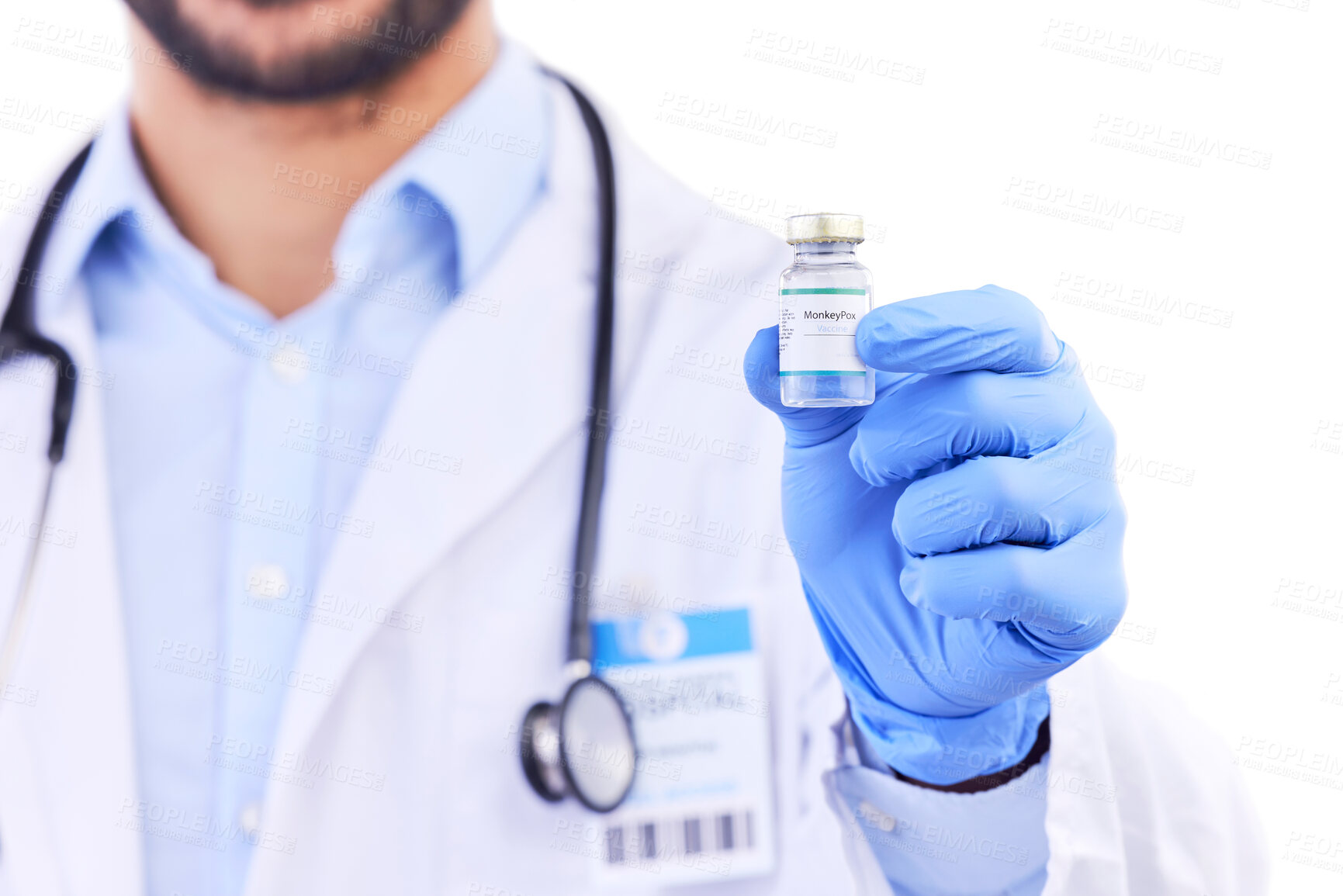 Buy stock photo Monkeypox vaccine, medicine bottle and doctor hands with vial for healthcare, safety and immunity in studio. Closeup, medical worker and vaccination for virus, development or risk on white background