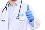 Man, doctor and thumbs up for healthcare winning, good job or approval against a white studio background. Closeup of male person or medical professional show like emoji, yes sign or okay in agreement