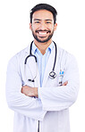 Man, doctor portrait and arms crossed with smile from healthcare and medical work in studio. Isolated, white background and happy male professional with job success from hospital help with pride