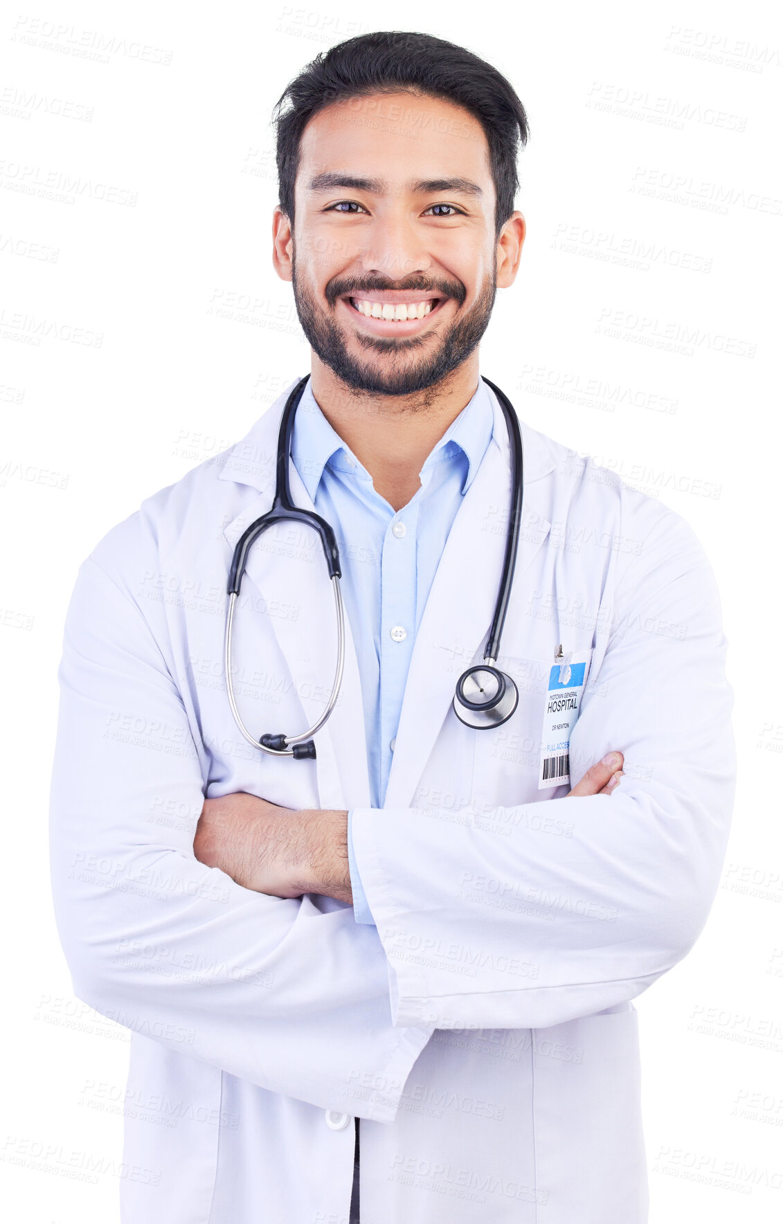 Buy stock photo Man, doctor portrait and arms crossed with smile from healthcare and medical work in studio. Isolated, white background and happy male professional with job success from hospital help with pride