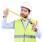 Architect, tape measure or studio man check numbers of building inspection, real estate project or property planning. Construction industrial labor, engineer and male contractor on white background