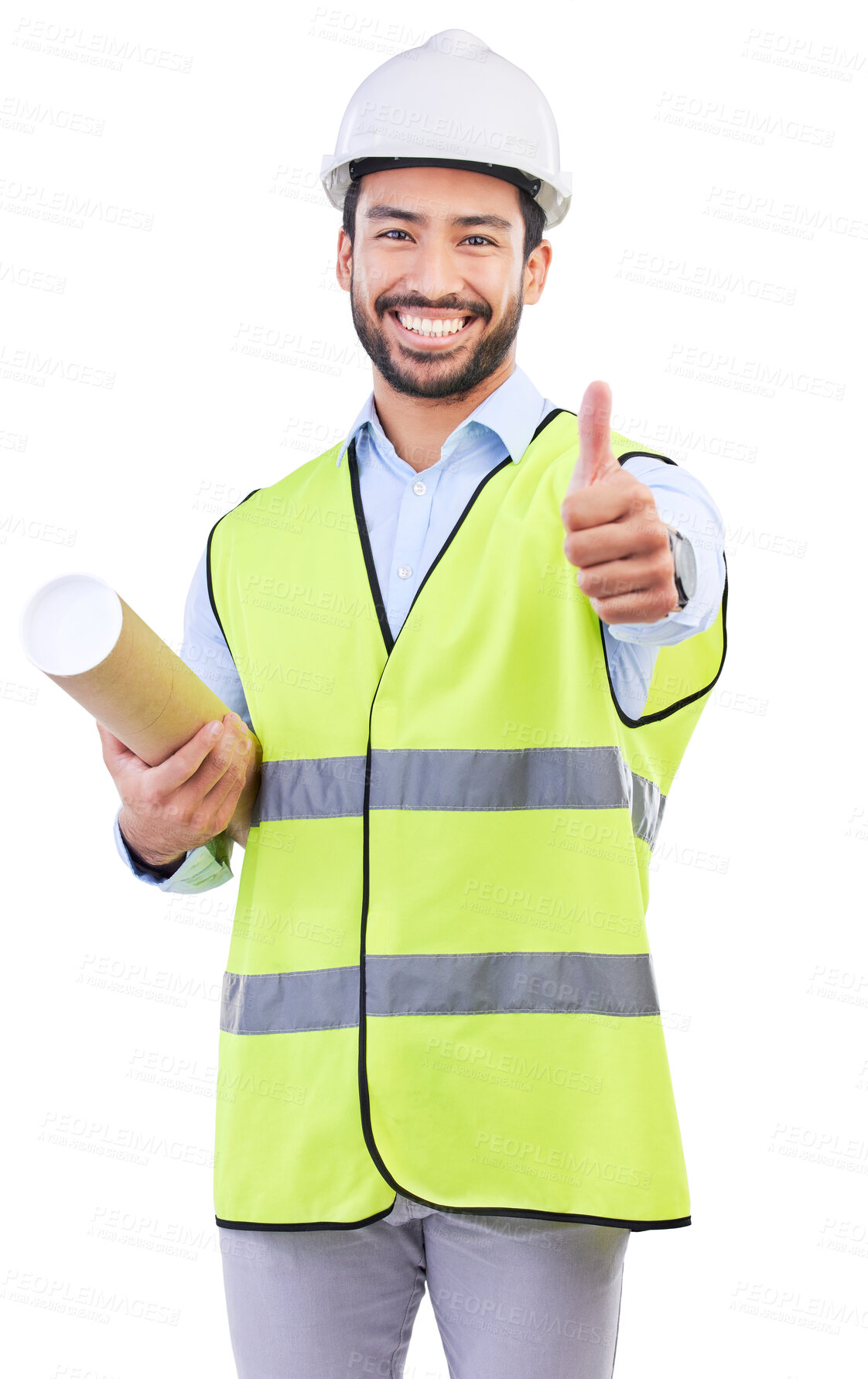 Buy stock photo Architect thumbs up, portrait and man smile for blueprint success feedback, real estate design vote or engineer agreement. Construction floor plan, emoji yes icon or studio person on white background