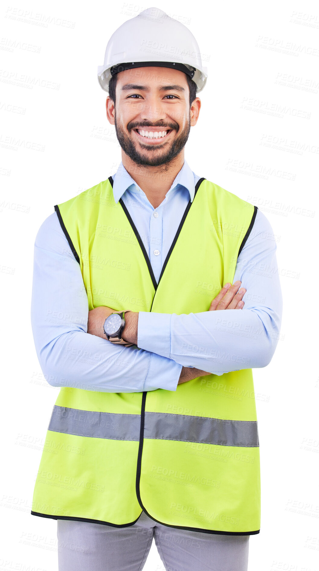 Buy stock photo Architect portrait, arms crossed and happy man for building development, real estate or property construction design. Engineer, confidence and studio person for civil engineering on white background