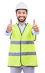 Architect thumbs up, studio portrait and man smile for project success feedback, real estate vote or construction agreement. Architecture review, emoji yes icon or male contractor on white background