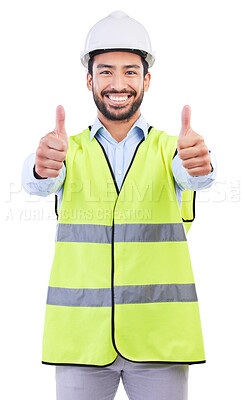 Buy stock photo Architect thumbs up, studio portrait and man smile for project success feedback, real estate vote or construction agreement. Architecture review, emoji yes icon or male contractor on white background