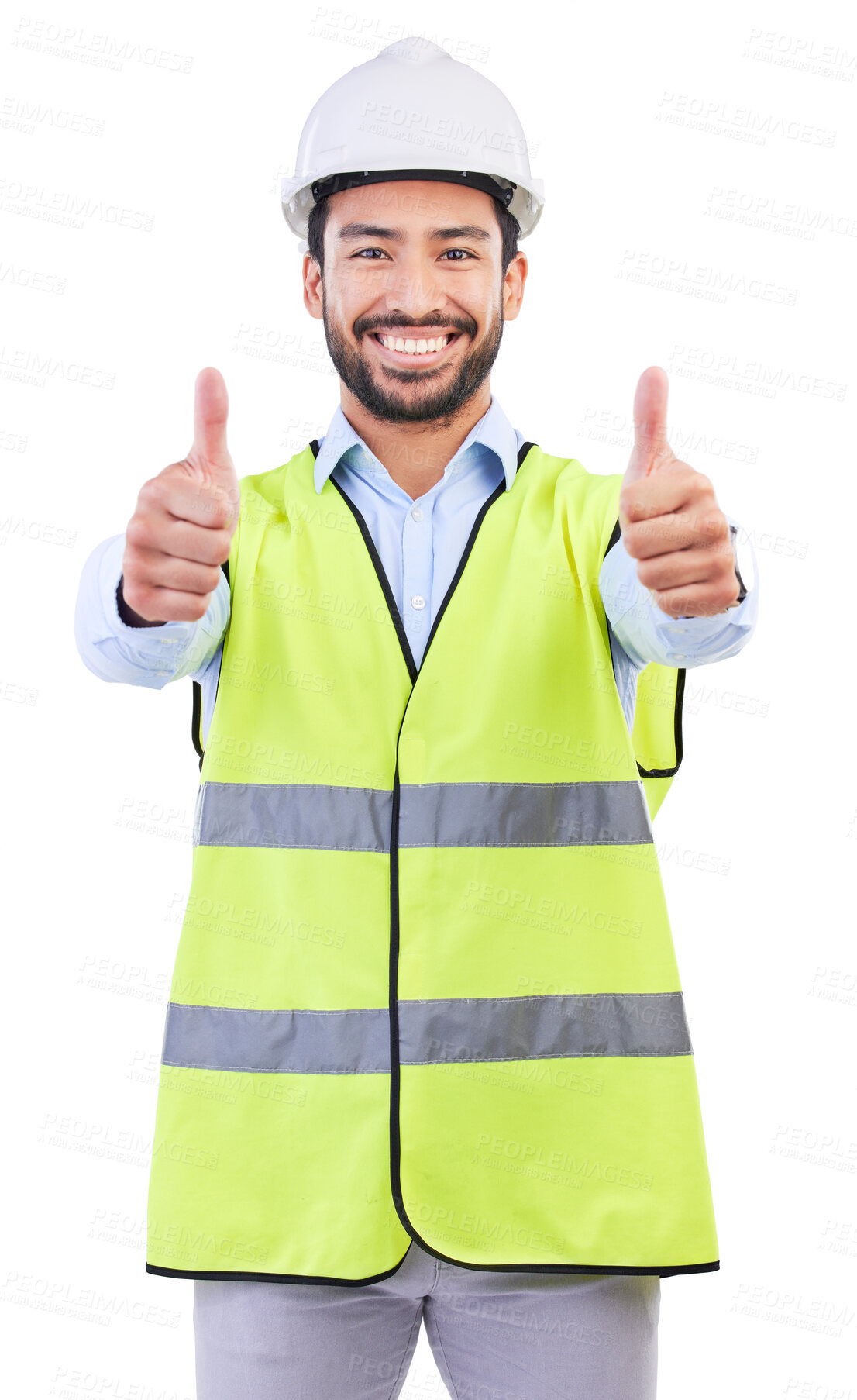 Buy stock photo Architect thumbs up, studio portrait and man smile for project success feedback, real estate vote or construction agreement. Architecture review, emoji yes icon or male contractor on white background