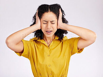 Buy stock photo Frustrated woman, headache and anxiety with hands on head in stress against a white studio background. Female person in burnout, fear or ignore with mental health problems, issues or overwhelmed