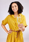 Woman, portrait and glass of wine in studio for cheers, celebration and success on white background. Female model, happy hour and toast with champagne, alcohol and drinks to celebrate winner at party