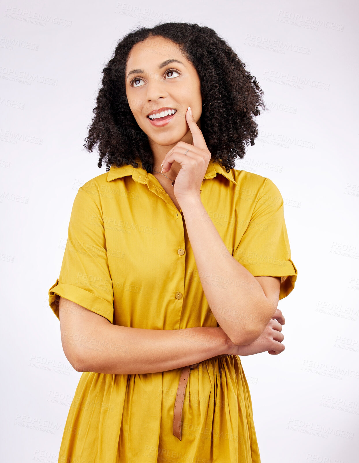 Buy stock photo Thinking, planning and woman with an idea or decision on a choice mindset isolated in a studio pink background. Memory, wondering and young female person with fashion inspiration or solution