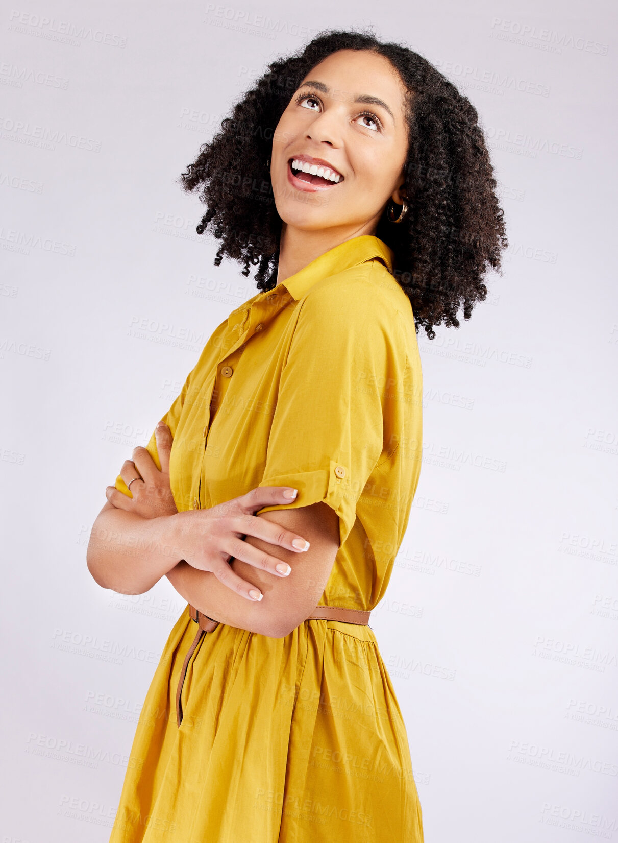 Buy stock photo Thinking, fashion and woman in studio with an idea and positive mindset isolated on a white background. Excited, arms crossed and young african female person with inspiration, style or solution