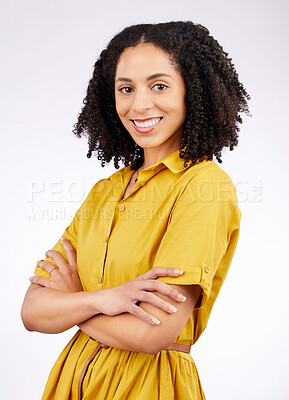 Buy stock photo Smile, fashion and portrait of a woman in studio with a positive mindset isolated on a white background. Confident, arms crossed and young African female person with inspiration, style and motivation