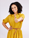 Happy woman, portrait and thumbs up for approval, winning or thank you against a white studio background. Face of female person smile with like emoji, yes sign or OK in agreement, success or good job