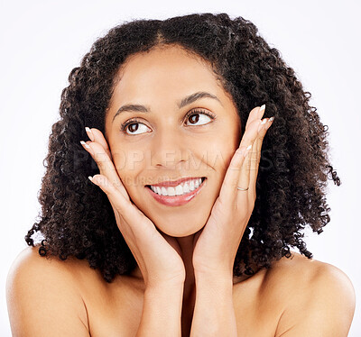 Buy stock photo Happy, African woman and thinking of skincare in studio with choice, decision or model with ideas for natural beauty on white background. Healthy, skin and solution for wellness and cosmetics