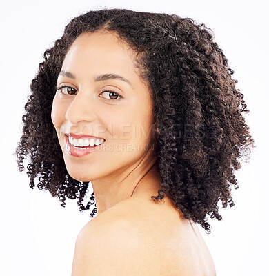 Buy stock photo Beauty, skincare and portrait of black woman on a white background for wellness, health and facial. Dermatology, studio and natural face of happy female person smile for cosmetics, makeup and luxury