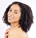 Beauty, skincare and portrait of black woman on a white background for wellness, health and facial. Dermatology, studio and isolated happy female person smile for cosmetics, makeup and natural face