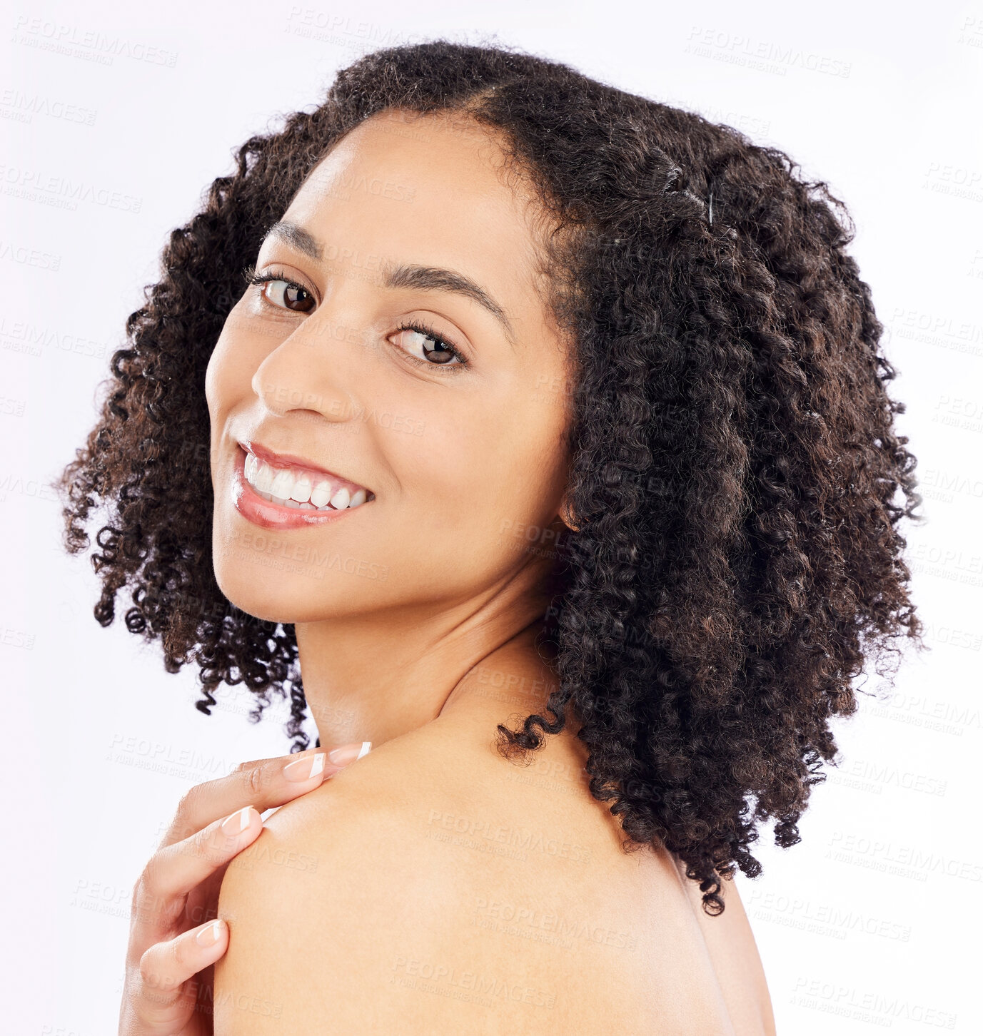 Buy stock photo Beauty, skincare and portrait of black woman on a white background for wellness, health and facial. Dermatology, studio and isolated happy female person smile for cosmetics, makeup and natural face