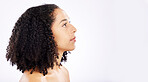 Thinking, African woman and skincare mockup in studio with choice, decision or brainstorming ideas for natural beauty on white background. Healthy, skin or vision of self care, wellness and cosmetics