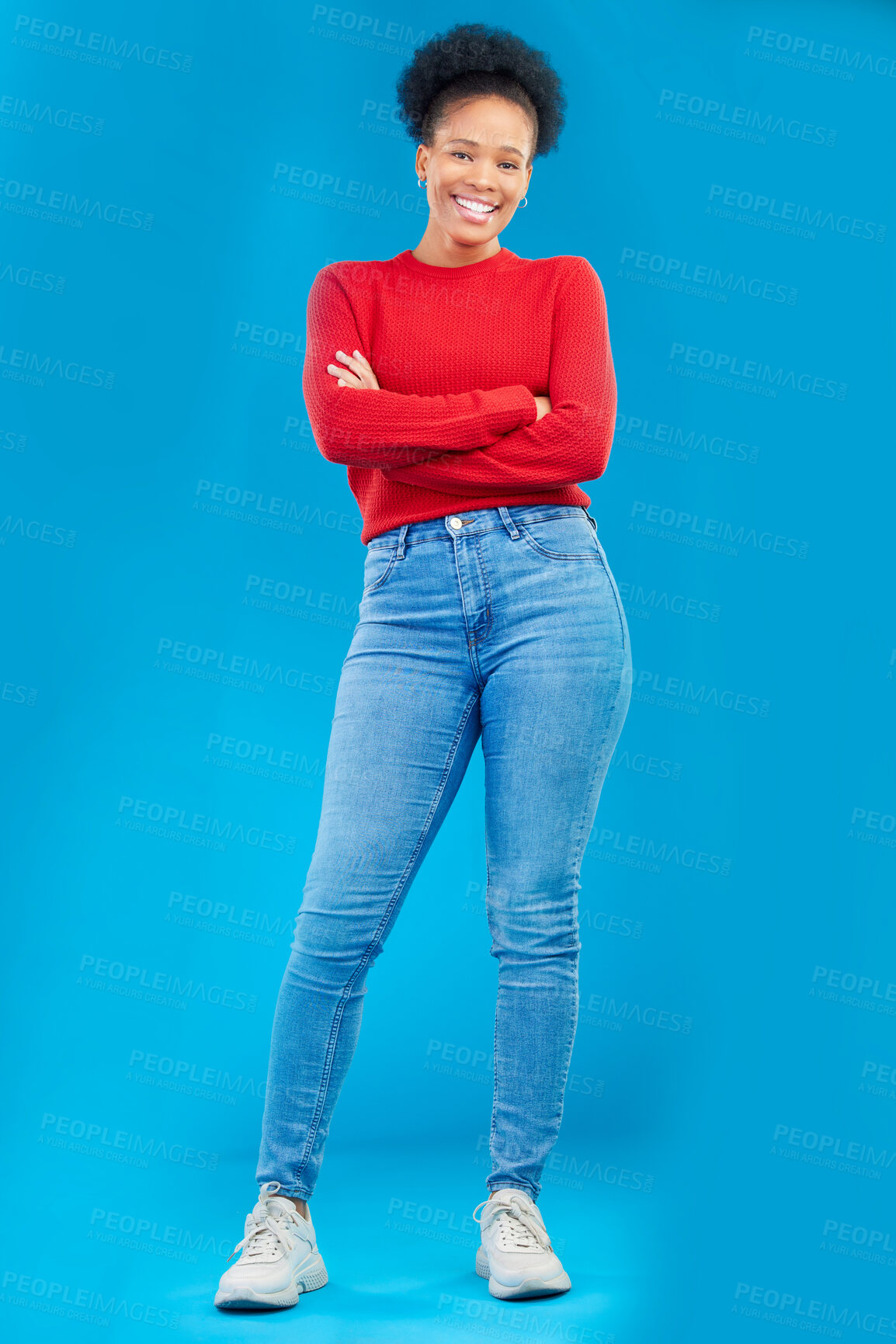 Buy stock photo Fashion, smile and portrait of a woman with style and confident isolated in a studio blue background. Casual, outfit and full body of a happy young female person with stylish or trendy clothes