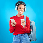 Phone music, student or happy woman listening to education podcast, streaming radio or audio sound. Headphones song, cellphone or gen z person on coffee break from college learning on blue background