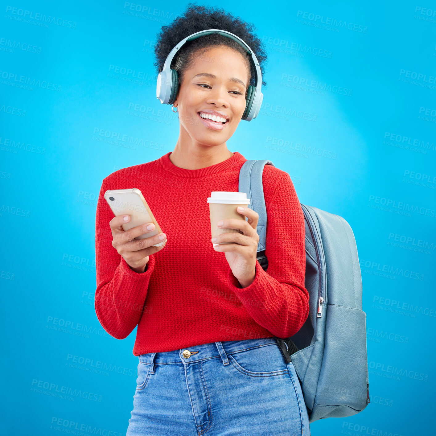 Buy stock photo Phone music, student or happy woman listening to education podcast, streaming radio or audio sound. Headphones song, cellphone or gen z person on coffee break from college learning on blue background