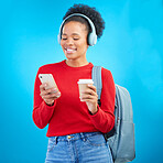 Phone music, student or happy woman reading education article, online university post and listening to radio podcast. Audio headphones, cellphone or college person on coffee break on blue background