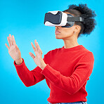 VR, metaverse and digital glasses with woman and video gaming for augmented reality. Studio, female person and blue background with future technology and online web user with 3d virtual network 