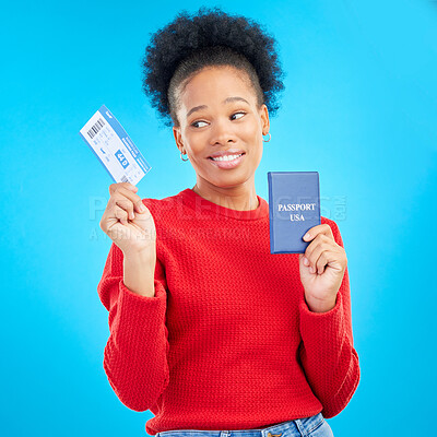 Buy stock photo African woman, passport and thinking in studio with plane ticket, doubt or decision for travel by blue background. Gen z girl, student and ideas with paperwork for international immigration to USA