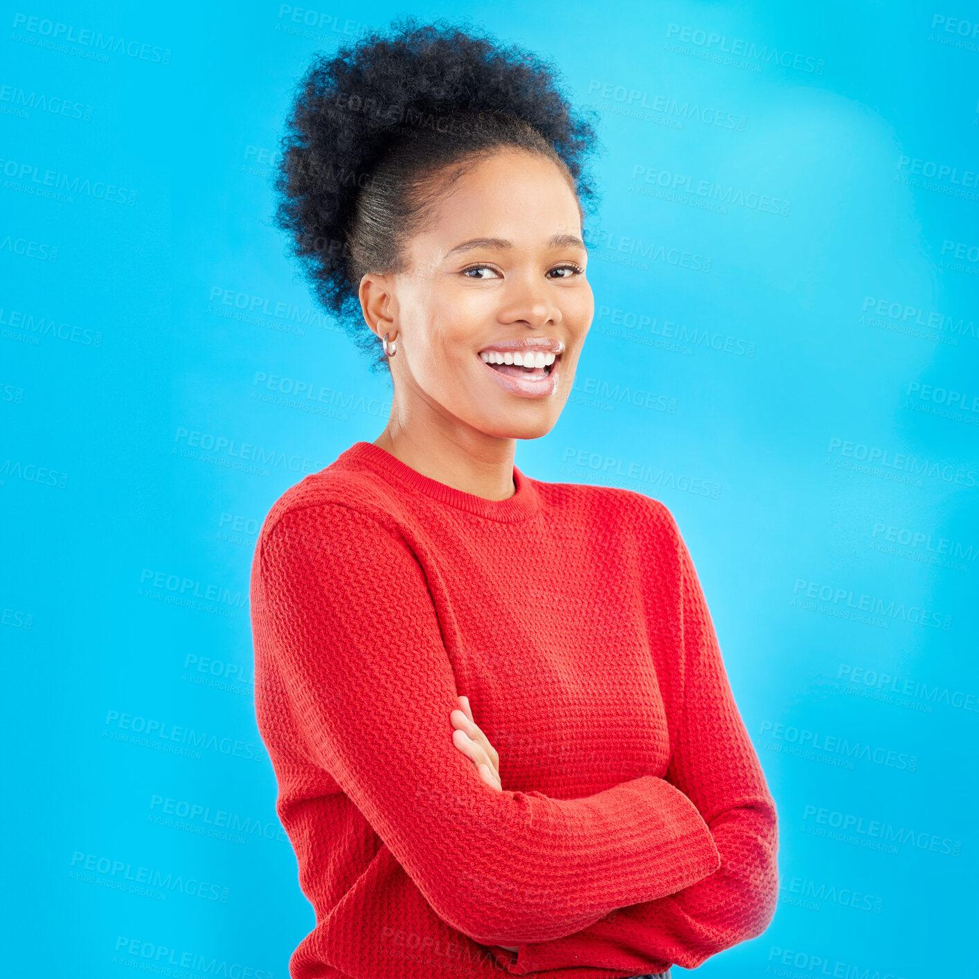 Buy stock photo Happy, smile and portrait of a woman with style and confident isolated in a studio blue background. Casual, outfit and full body of a young female person with stylish, fashion and trendy clothes