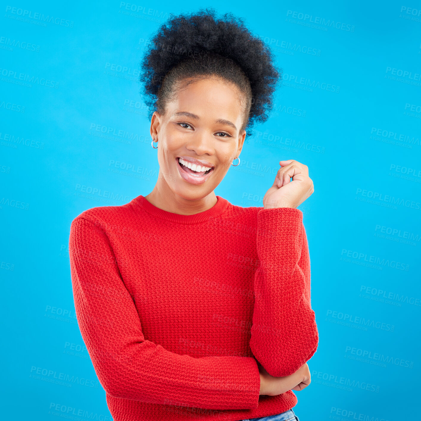 Buy stock photo Studio, portrait and happy black woman with natural beauty and confidence with afro hairstyle and casual fashion. Smile, African girl and laughing with a mindset of happiness on blue background