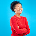 Laughing, smile and portrait of a woman with style and confident isolated in a studio blue background. Casual, outfit and full body of a happy young female person with stylish or trendy clothes