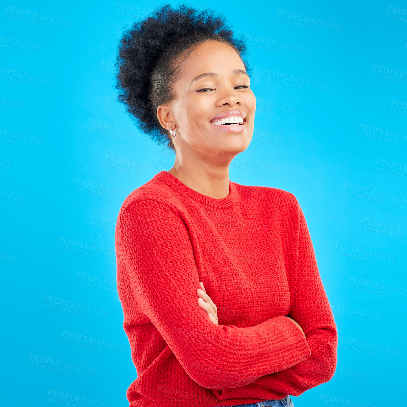 Buy stock photo Laughing, smile and portrait of a woman with style and confident isolated in a studio blue background. Casual, outfit and full body of a happy young female person with stylish or trendy clothes