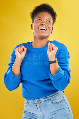 Buy stock photo Happy, dance and young woman in studio for celebration, achievement or goal with confidence. Happiness, smile and African female model moving to music, song or playlist isolated by yellow background.