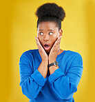 African girl, surprise and face with news or announcement in isolated or yellow studio background for notification. Wow, gossip and woman with open mouth or omg expression about drama or secret.