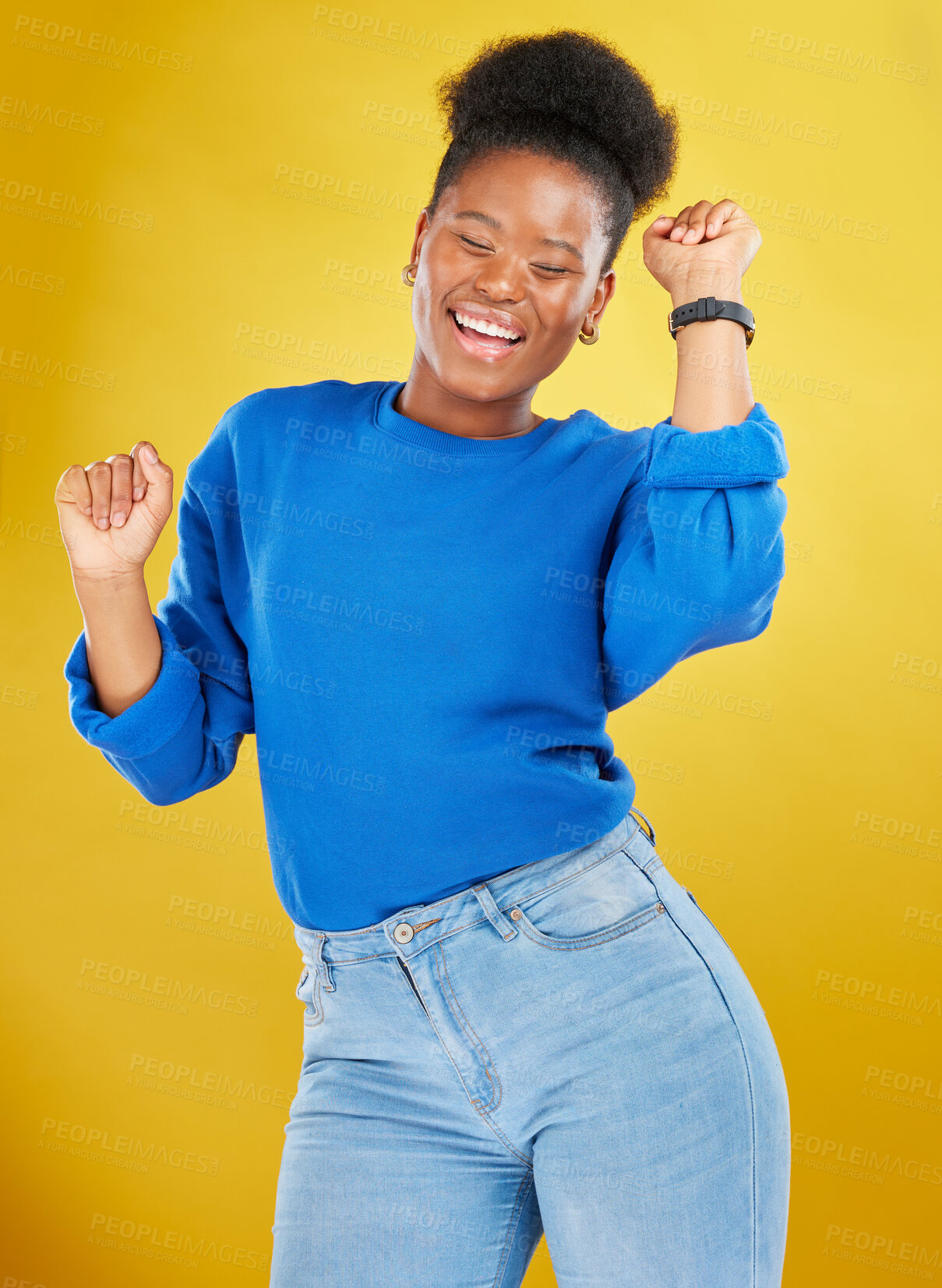 Buy stock photo Happy, dance and young woman in studio for celebration, achievement or goal with confidence. Happiness, smile and African female model moving to music, song or playlist isolated by yellow background.