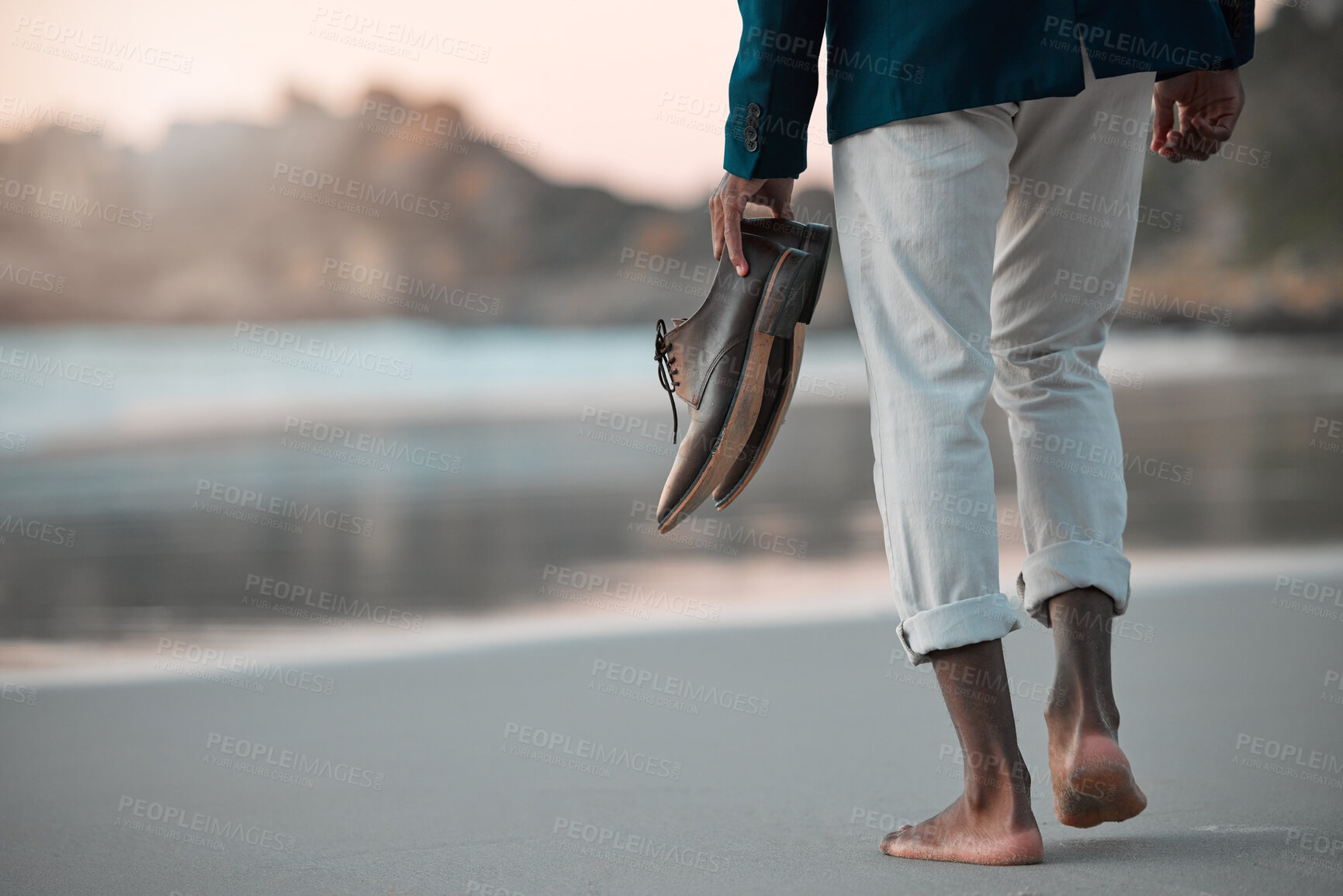 Buy stock photo Walking, beach and feet of business man for journey on holiday, vacation and freedom by ocean. Professional, travel and male entrepreneur with shoes for calm, peace and relax in nature at sunset