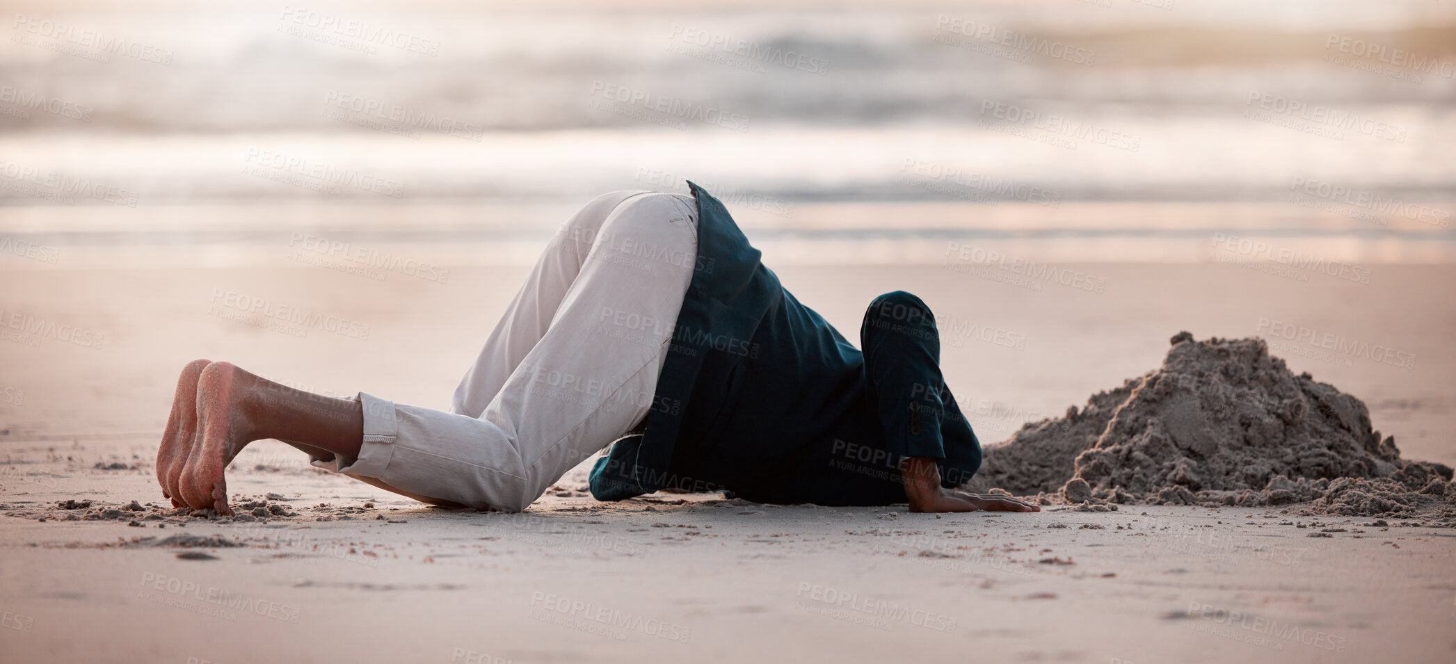 Buy stock photo Search, digging and a man in the beach sand in nature for travel fun or holiday adventure in summer. Earth, looking and a person with a check in the ground at the ocean for treasure on vacation