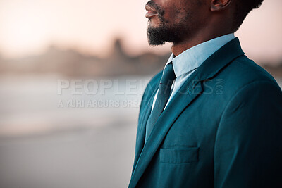 Buy stock photo Thinking, sunset and business man by beach for reflection on holiday, vacation and freedom by ocean. Professional, travel and closeup of male entrepreneur by sea for calm, peace and relax in nature