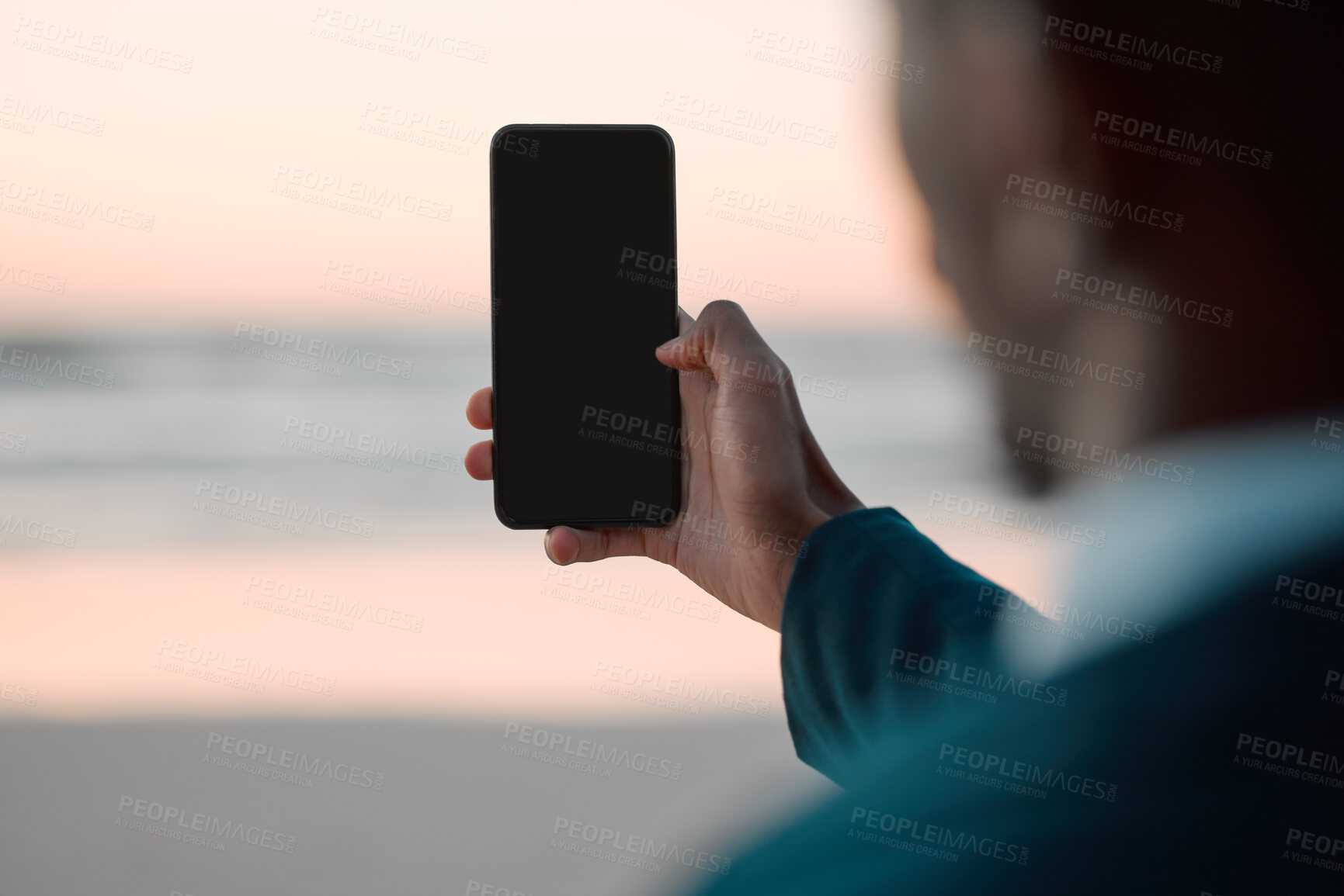 Buy stock photo Businessman, hands and phone screen on beach for communication, advertising or outdoor networking. Closeup of man with mobile smartphone app display mockup by ocean coast for business trip or travel