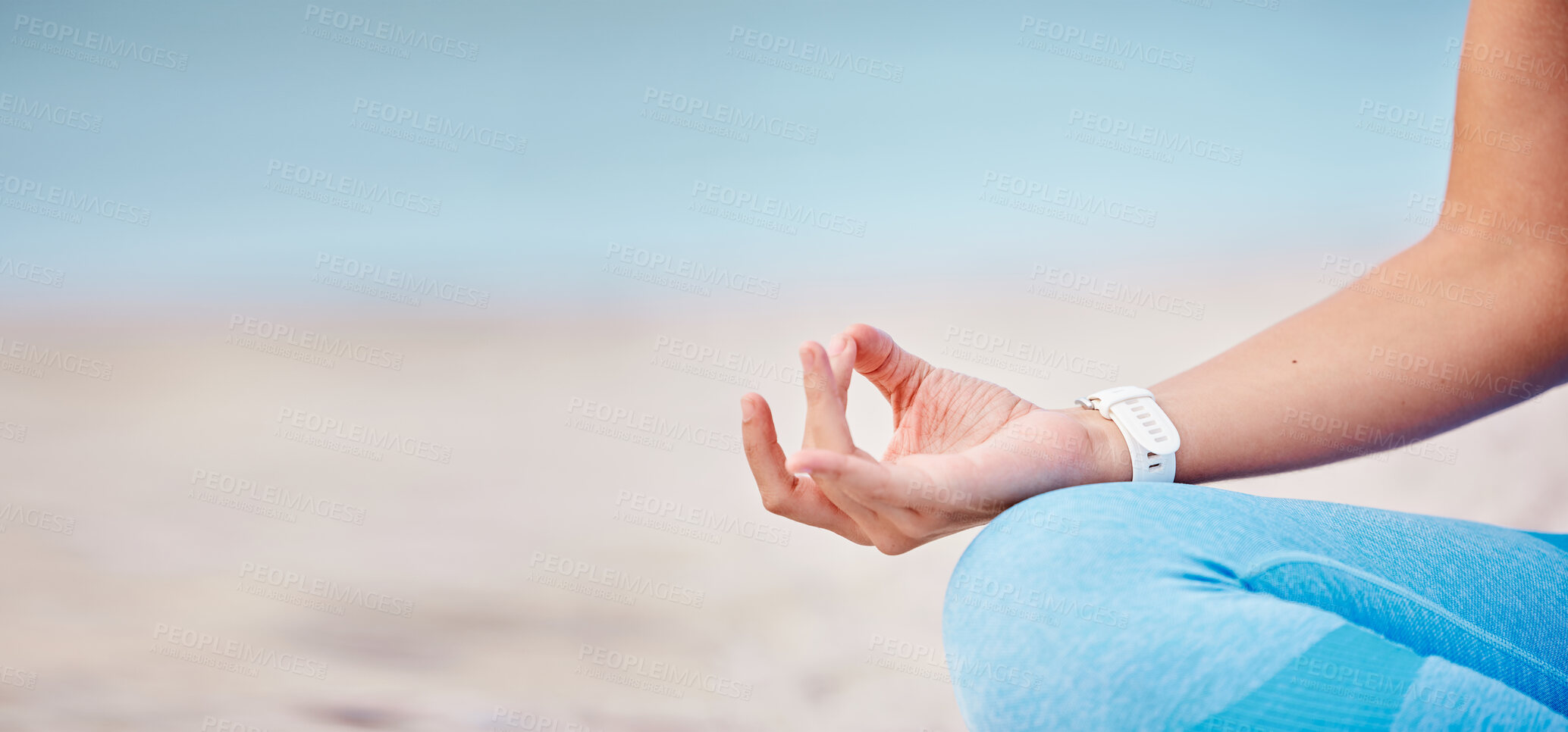 Buy stock photo Woman, hands and yoga on beach for meditation, spiritual wellness or outdoor zen workout in fitness. Closeup of calm female person in relax on ocean coast for mindfulness or inner peace on mockup