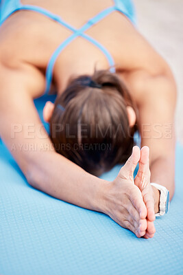 Buy stock photo Stretching, child pose and woman with yoga in nature, fitness training and start of spiritual workout. Body health, hands and a person with pilates or meditation at the beach for peace and wellness