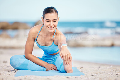 Buy stock photo Fitness, yoga and happy woman stretching by beach on sports mat for wellness, healthy body and energy. Balance, nature and female person smile stretch legs for exercise, training and workout by sea