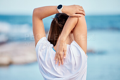 Buy stock photo Woman, fitness and back on beach in stretching, workout or getting ready for exercise or outdoor training. Rear view of sports female person in body warm up, preparation or healthy wellness by ocean