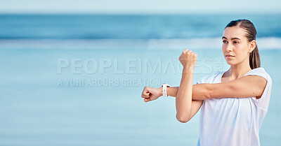 Buy stock photo Woman, fitness and stretching body on beach, mockup space or banner in sports motivation or outdoor workout. Female person or runner in warm up on ocean coast for healthy wellness or exercise outside