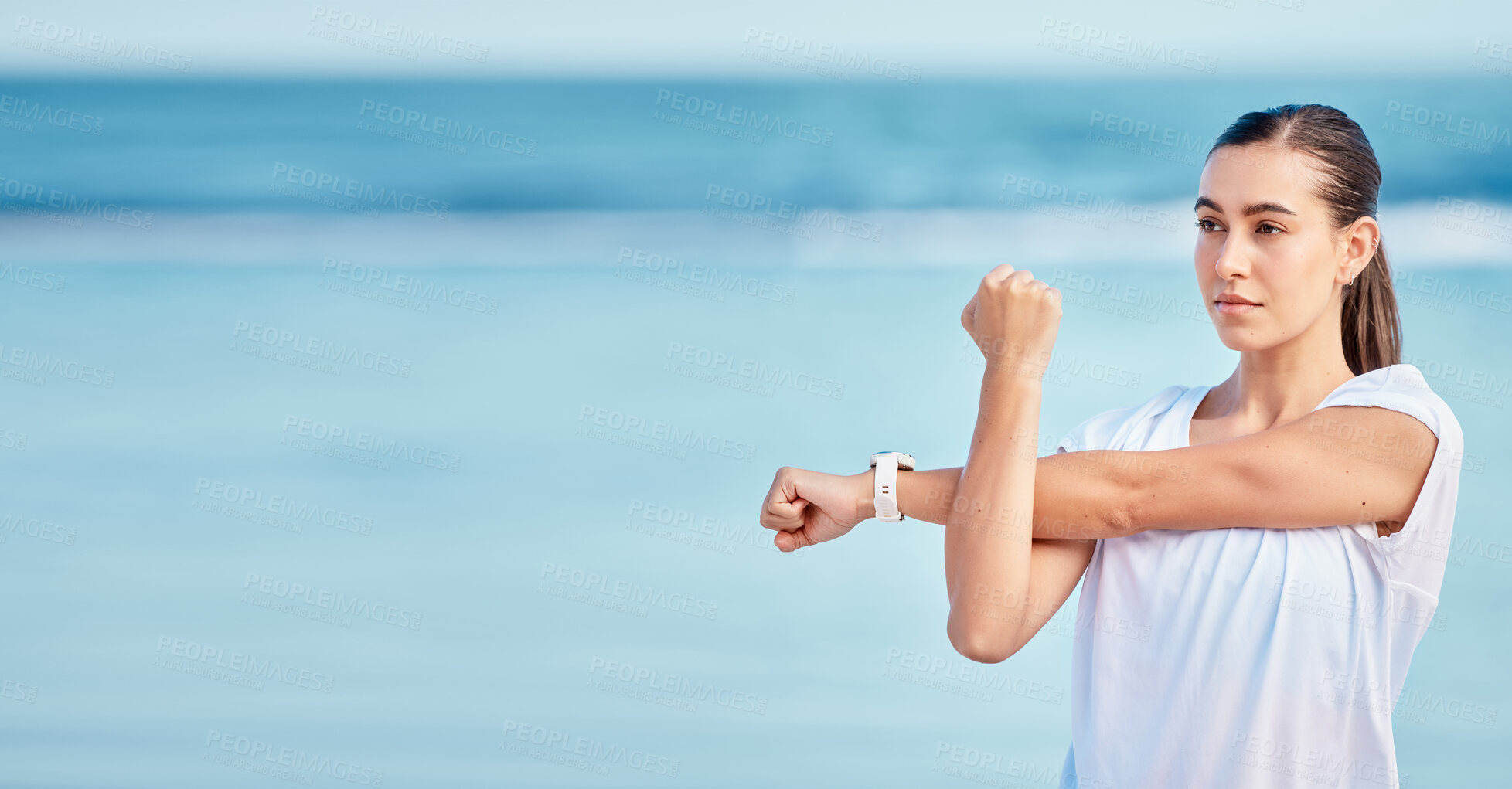 Buy stock photo Woman, fitness and stretching body on beach, mockup space or banner in sports motivation or outdoor workout. Female person or runner in warm up on ocean coast for healthy wellness or exercise outside